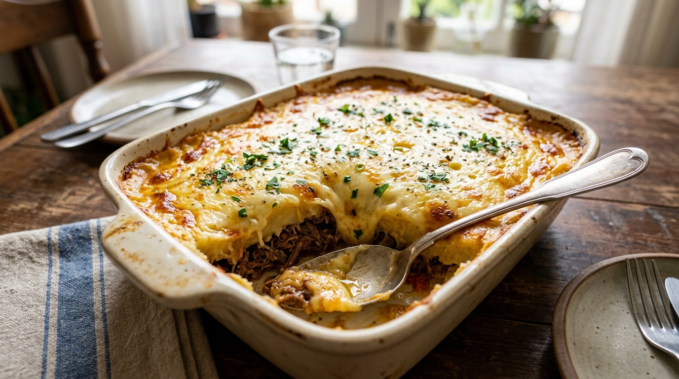 Escondidinho de Carne Seca com Mandioca Gratinada