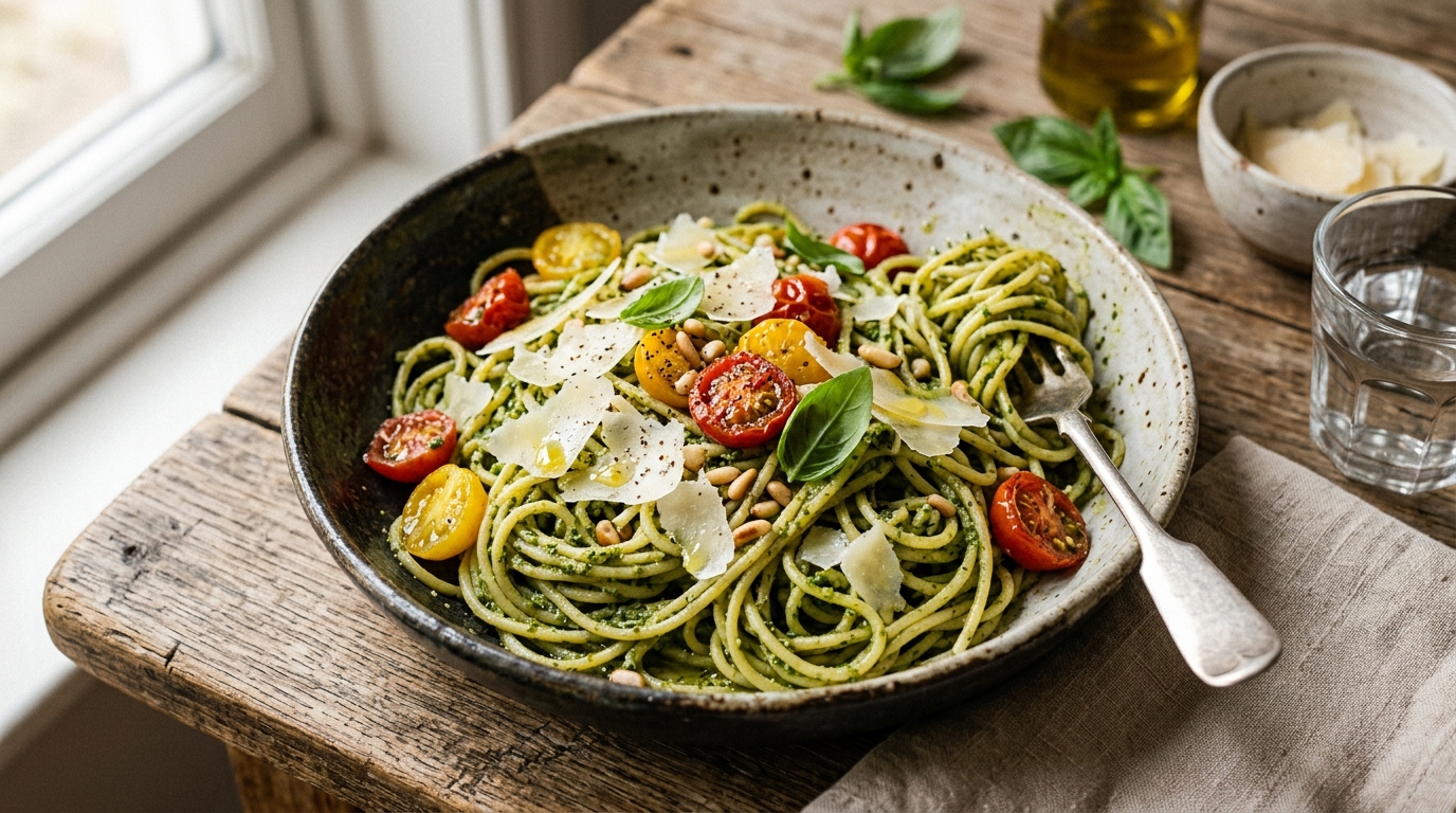 Macarrão ao Pesto Cremoso em 15 Minutos